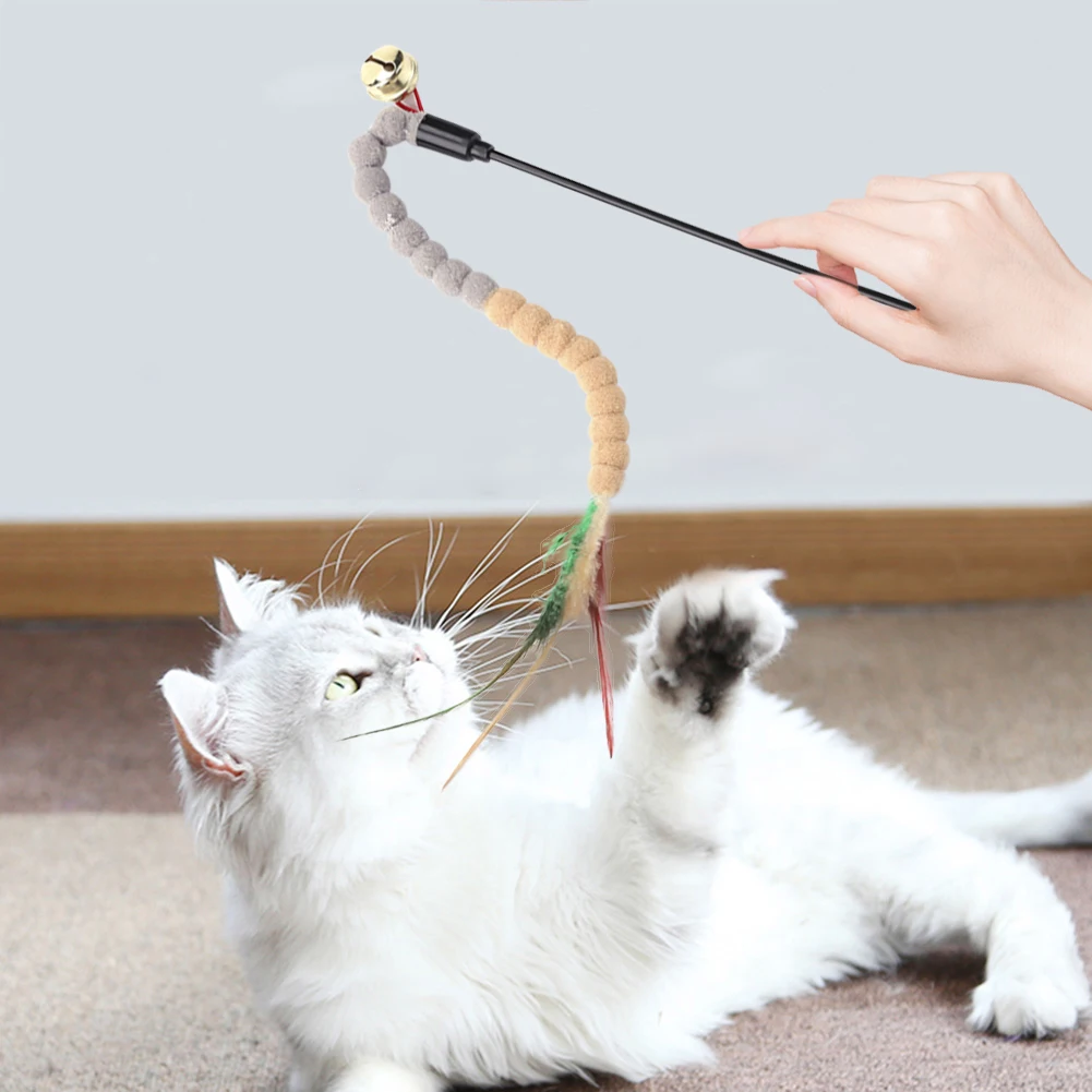 

Pet Cat Teasing Stick Colorful Pompom Feather Wand Funny Kitten Teaser Rod Interactive Toys Pet Supplies