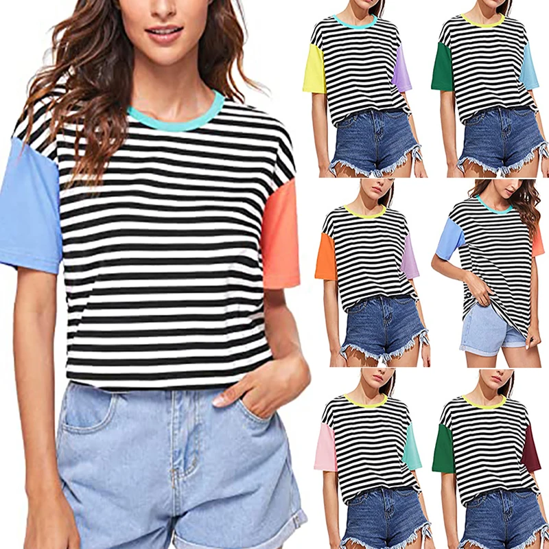 

Patchwork Women Raglan Sleeve Shirt Contrast Multicolor Vintage Black White Striped Shirt Street Fashion Candy Color Block Shirt