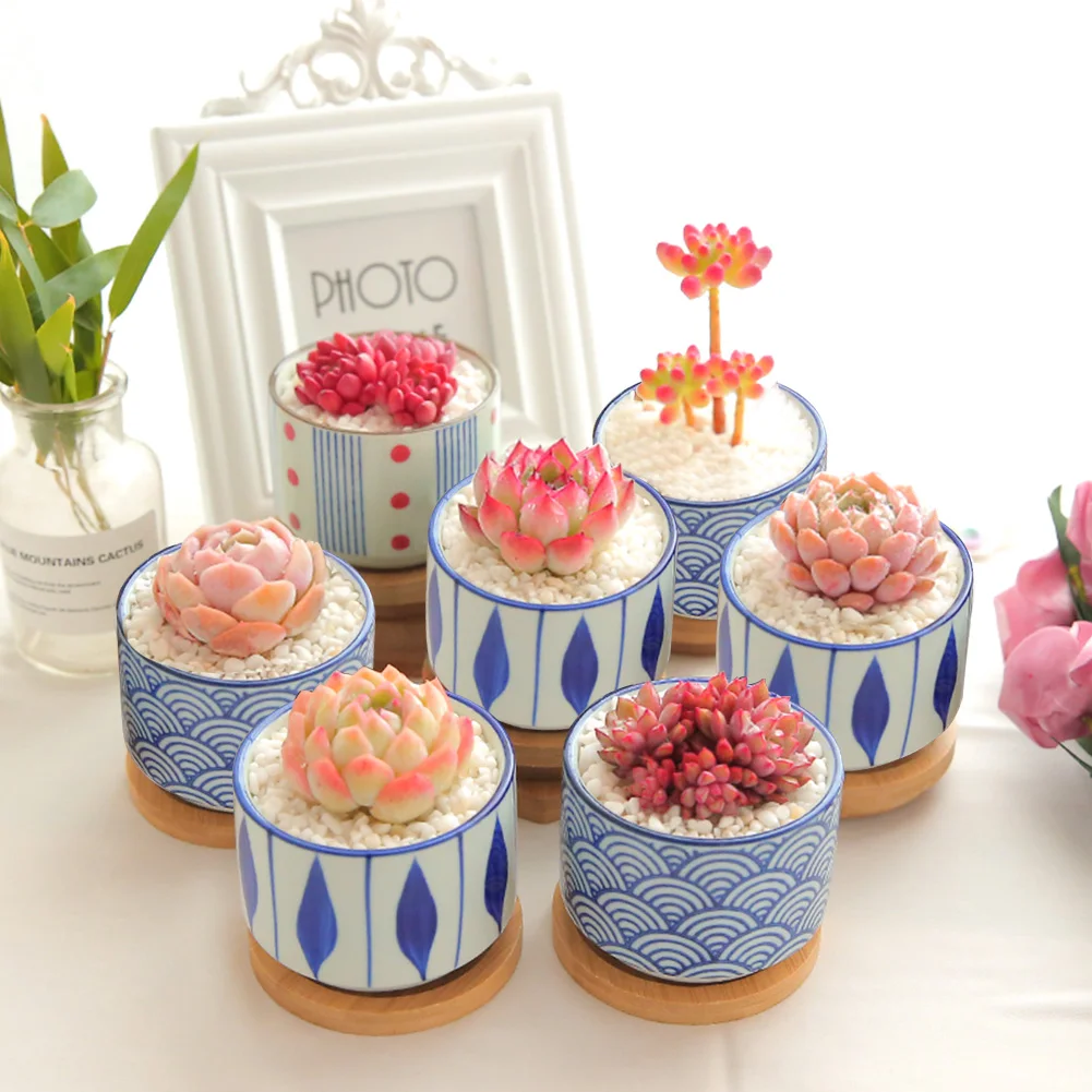 

3Pcs/Set Flower Pot With Bamboo tray Japanese style Ceramic Lot Mini Cement Succulent Pot Plant Bonsai Home Planter Garden Decor