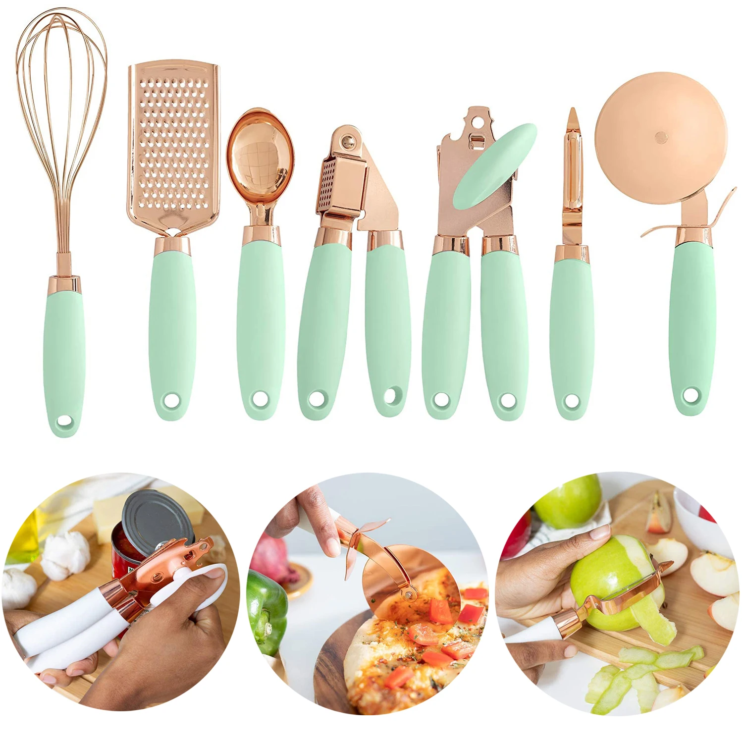 

7pcs Kitchen Gadgets Set Utensils Can Opener Pizza Cutter Scoop Peeler Garlic Press Grater Whisk Kitchenware Tools Accessories