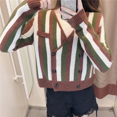 

Stripe Knitwear Autumn Korean Short Sweater Chic Full Sleeve Vintage Cardigan Fashion Knit Sweaters Women