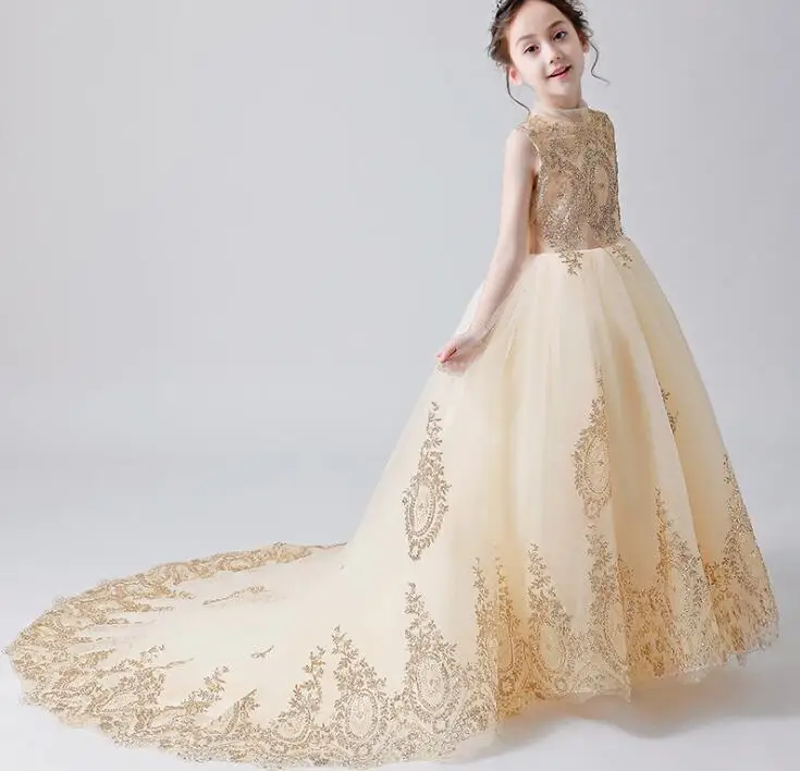 Пышное Платье для девочек в цветочек платья свадьбы и праздника Золото