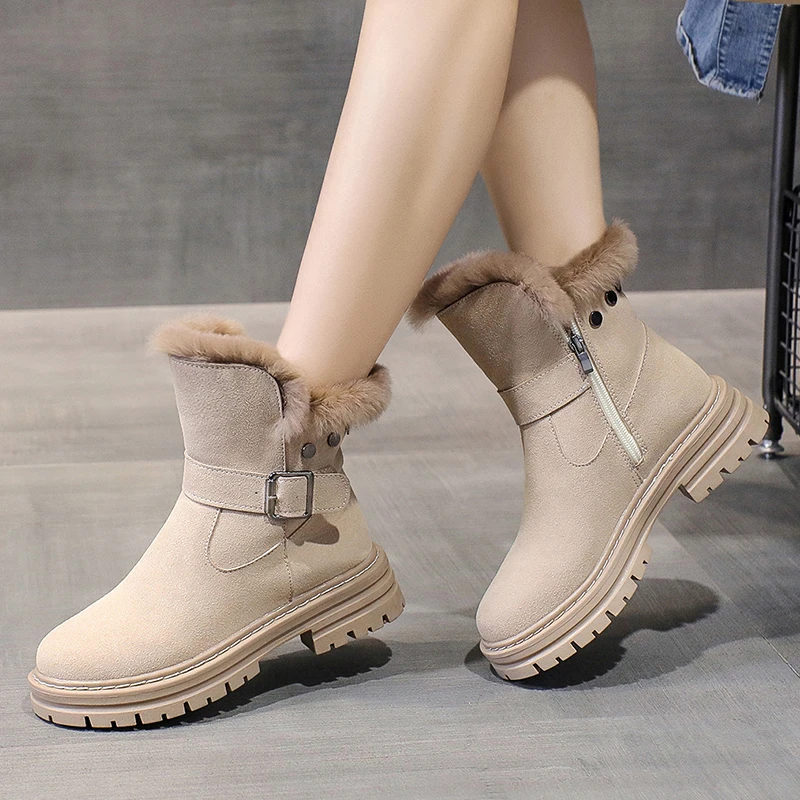 

Women Snow Boots with Plush Flock Zip Solid Female Boots Mid-Calf Comfortable Keep Warm Leisure Ladies Winter Footwear Fashion
