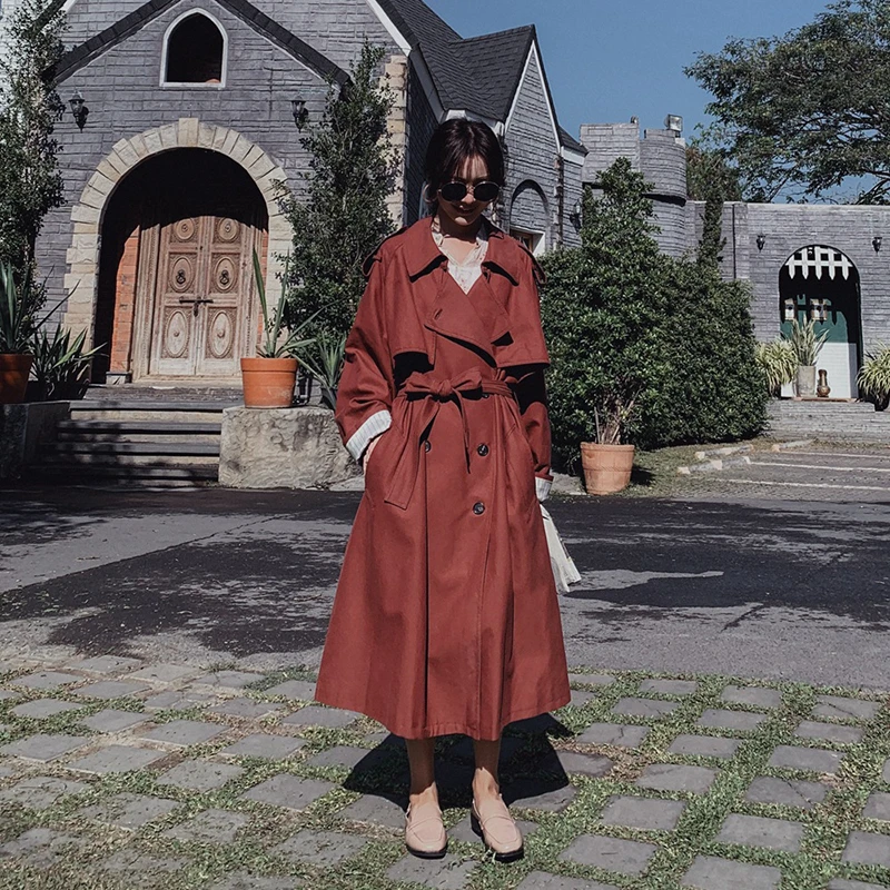 

2020 autumn Korean style waist-tight New turn-down collar double-breasted trench long coat Windbreaker for women K534