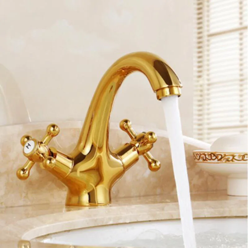 

Brass Golden Bathroom Basin Faucet Antique Luxury Deck Mounted Bathroom Faucet Dual Handle Hot and Cold Water Mix Tap