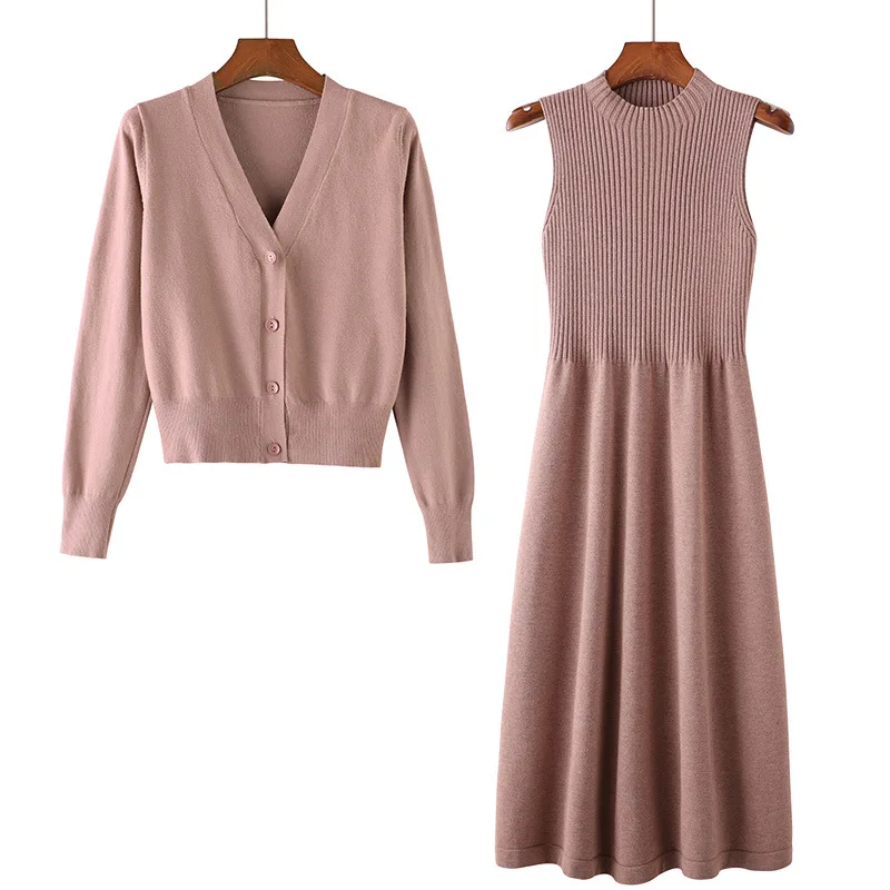 

Early autumn long-sleeved sweater dress two-piece woolen skirt loose knitted cardigan women