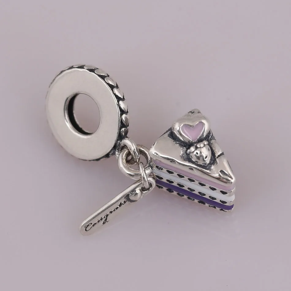 

S925 Pendant DIY Jewelry Celebration Cake Dangle Charm fit Lady Bracelet Bangle Pink Purple Enamel