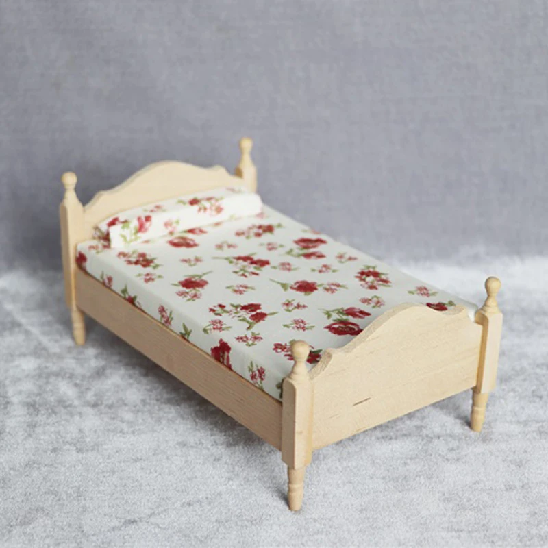 

A05-X007 children baby gift Toy 1:12 Dollhouse mini Furniture Miniature rement Doll accessories wooden Floral single bed 1pcs
