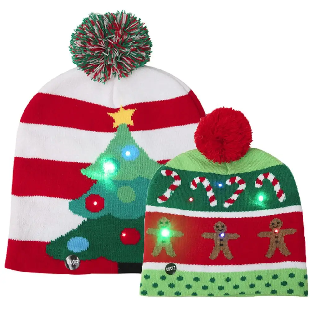 Светодиодные рождественские мужские вязаные зимние шапочки женские шапки с
