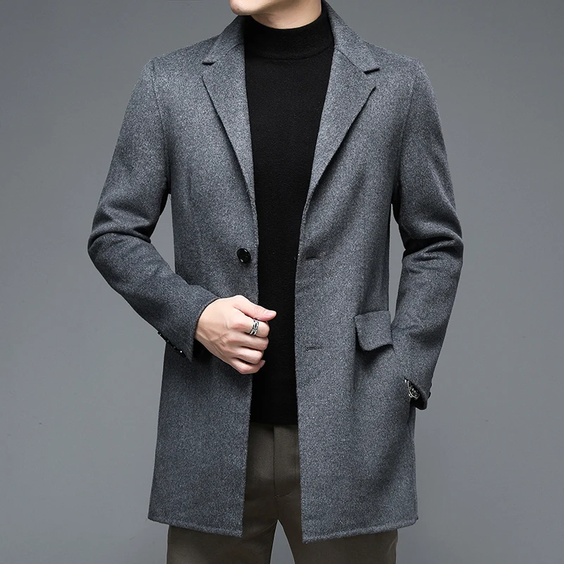 

Gray Black Cashmere Wool Overcoat Autumn Winter Men Elegant Woolen Blend Coat Male Smart Casual Back Split Design Tweed Outfits