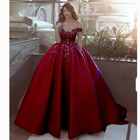 red prom dresses 2020 sweetheart neckline hand made flowers lace appliques off the shoulder ball gown evening dresses gowns