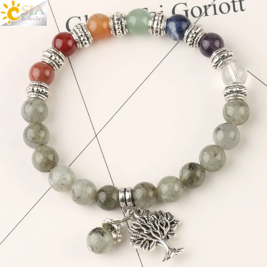Labradorite Csja рейки натуральный камень 7 Чакра Дерево жизни браслет смешанные цвета бисера Баланс йога браслет для женщин мужчин целебные ювелирные изделия G166 - Окраска металла: Labradorite