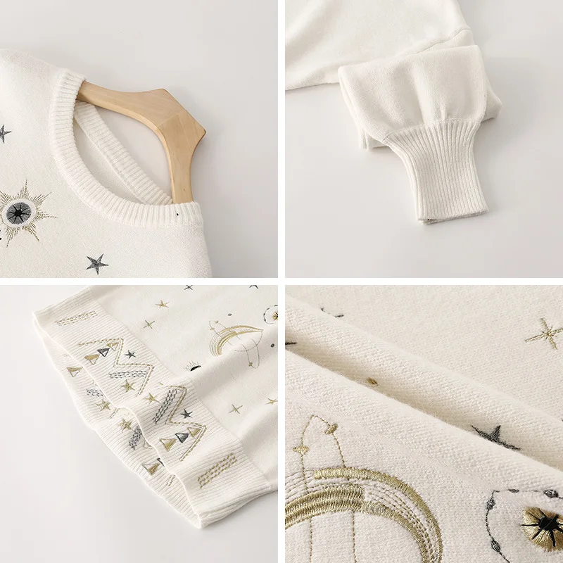 2020 autumn and winter new women's wear round neck gold thread celestial body pattern embroidery lazy wind loose top B-049 | Женская