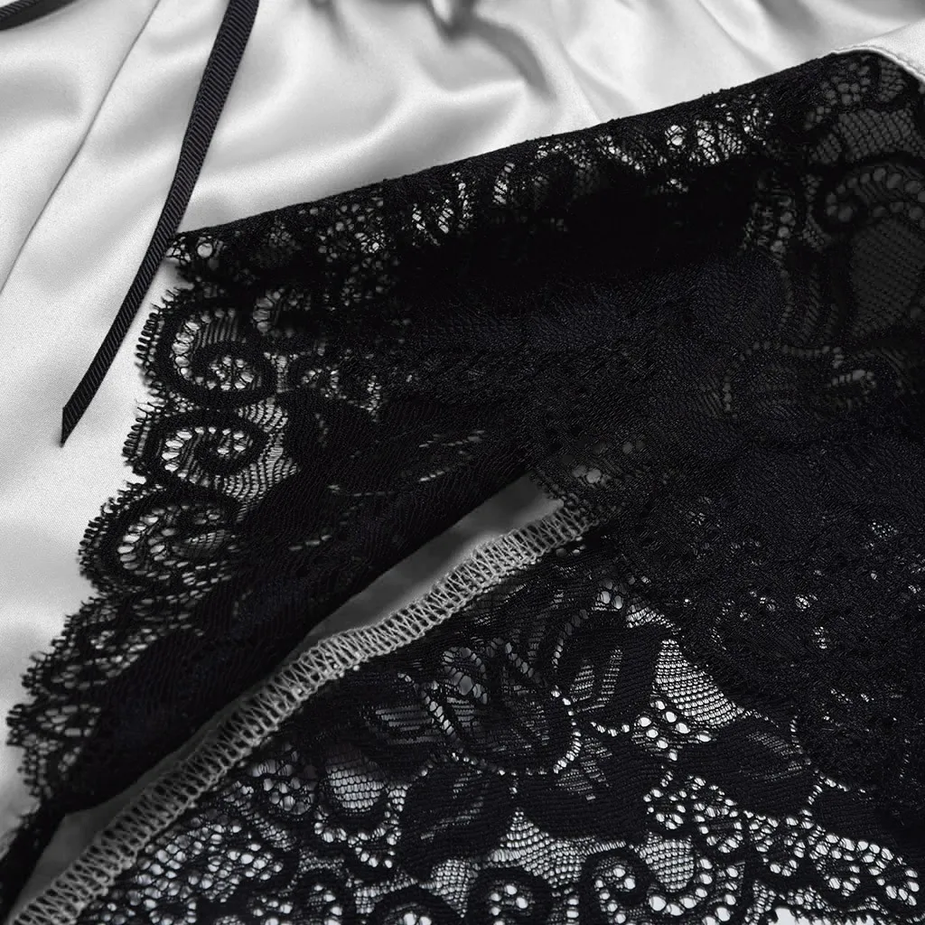 

New Women Sexy Pajamas Set Elegant Lace Satin Spaghetti Strap Clothes Summer Sleepwear Top + Shorts Backless Pajamas Set
