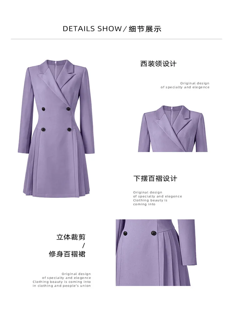 

Women Light Purple Double Breasted Pleated OL Temperament Dress Loose Sleeve Mid-Calf Fit Fashion Spring Autumn 2020