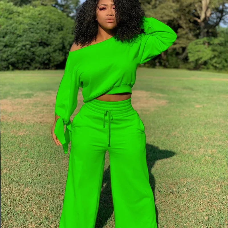 

Осенний Модный женский однотонный пуловер с косым воротником, повседневные костюмы из двух предметов, комплект свободных брюк с длинным ру...