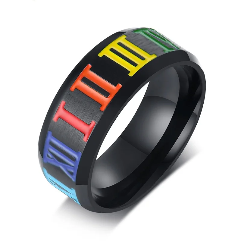 

Fashion LGBT Gay Pride Black Ring Jewelry for Men Rainbow Roman numerals Stainless Steel Rings