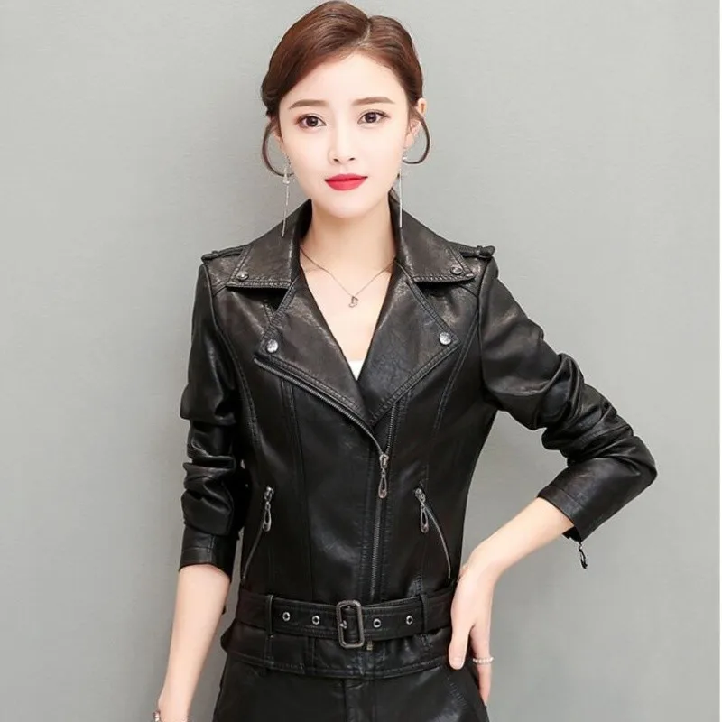 2022 Spring Autumn Women's New Genuine Leather Jacket Female Short Korean Slim Fashion Belt Sheepskin Jackets Suit Collar Coats