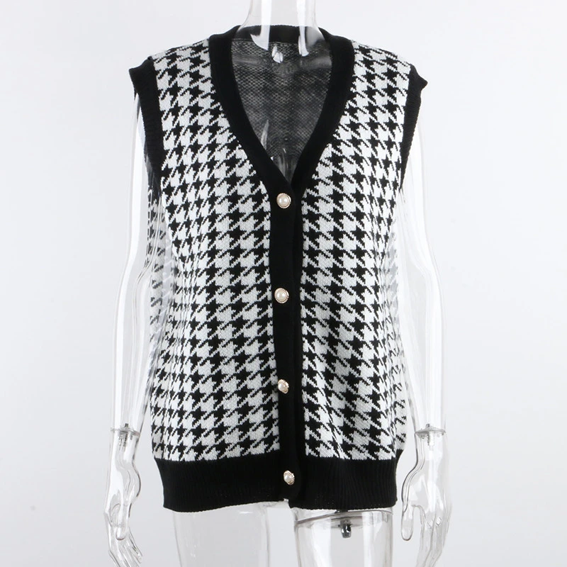 

Черный жилет Celandine из твида с V-образным вырезом, кардиган, женский свободный вязаный свитер без рукавов, Модный повседневный джемпер, Осень-...