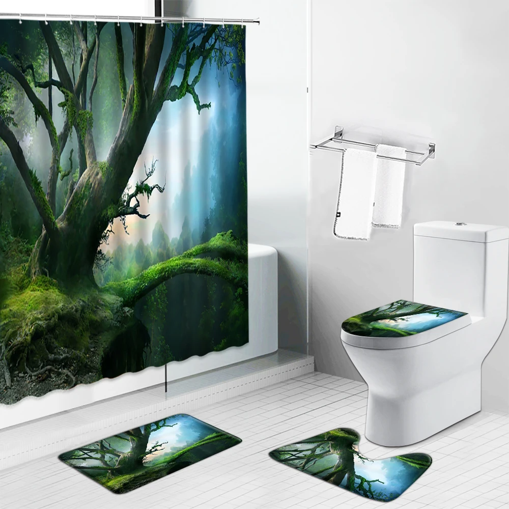 

Landscape Arch Door Shower Curtains Forest Waterfall Scenery Bathroom Non-Slip Rugs Toilet Lid Cover and Bath Mat Vorhang Tende