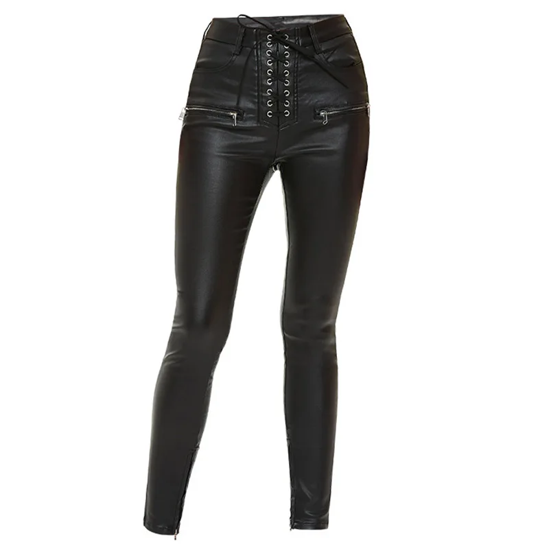 

2021 Fashion Black Faux PU Leather Pencil Pants Lace Up High Waist Slim Skinny Streetwear Autumn Winter Casual Trousers Women