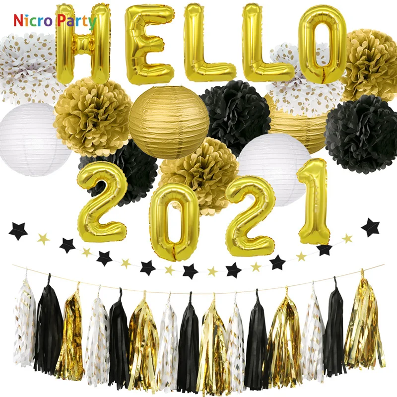 

Nicro Gold Happy New Year Hello 2021 Party Decoration Kit Anniversaire Home DIY Decor Decorations #Set136