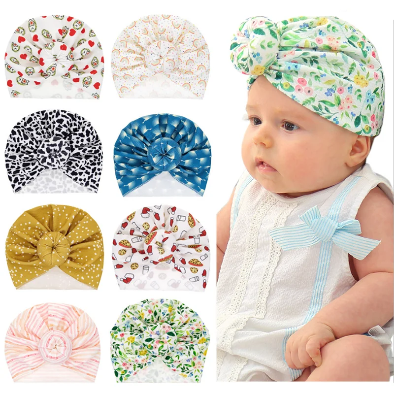 

New Baby Hats Turban Dye Floral print Infant New Born Baby Knotted Cute Ball Lovely Head Hat Boy Girl Detachable Casual Cap Head