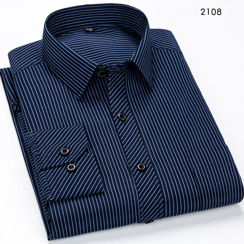 2108 Брендовые новые дизайнерские рубашки в синюю полоску Camisa Social белый темно-синий классический приталенный костюм Foraml Мужская рубашка Корейская одежда для мужчин 6XL 7XL - Цвет: 2108