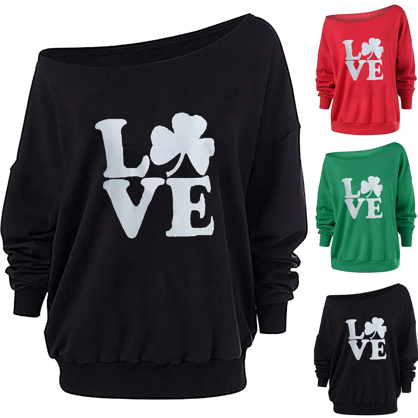 

T Shirt Womens Love Lucky Clover Saint Patricks Day Cute Irish St Patty Shamrock Skew Collar Long Sleeve Shirts Tops Gifts J60