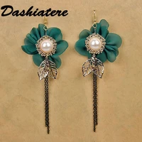 korean dark green chiffon flowers ear rings for women long earrings dangler hanging chain tassel hollow leaves pendant jewelry