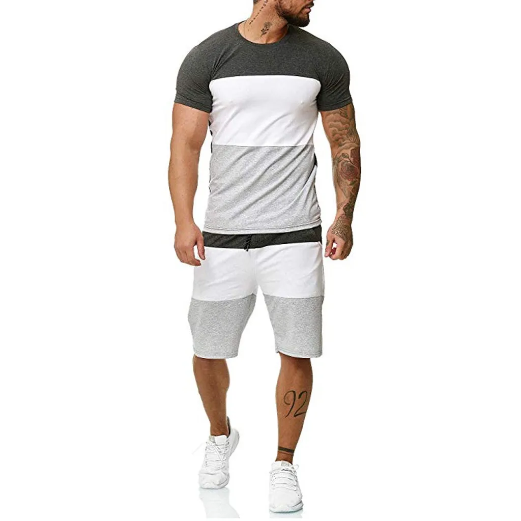 

casual mens clothing set summer tracksuit men shorts & t-shirt jogging homme Leisure fashion striped Sport Set d90613