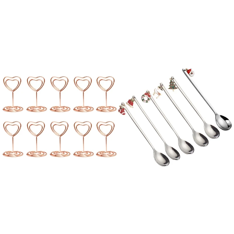 

Мини-держатель для заметок в форме сердца, подставка для фотографий, зажим для заметок, 10 шт. (розовое золото) с рождественской ложкой из нерж...