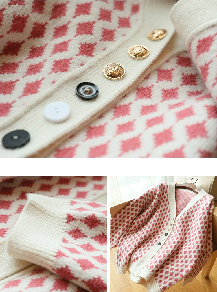 

Autumn and Winter Thick Warm Knit Sweater Jacket Ladies Cardigan Outwear Midi Plaid Top Long Sleeve Loose V-neck Sweaters Woman