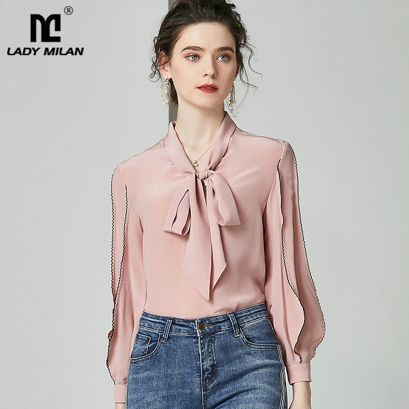 100% чистый шелк женские Подиумные рубашки воротник-бант длинный рукав окантовка