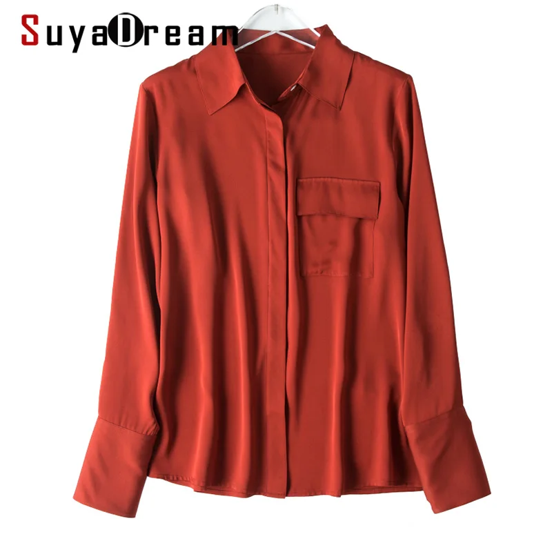 

SuyaDream Женская однотонная блузка с длинными рукавами, отложным воротником, одним нагрудным карманом, офисные блузки 2021, Весенняя рубашка