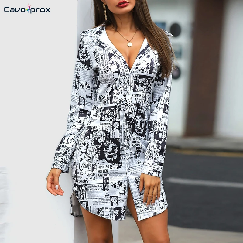 Женское платье рубашка с абстрактным газетным принтом изгибом Повседневное