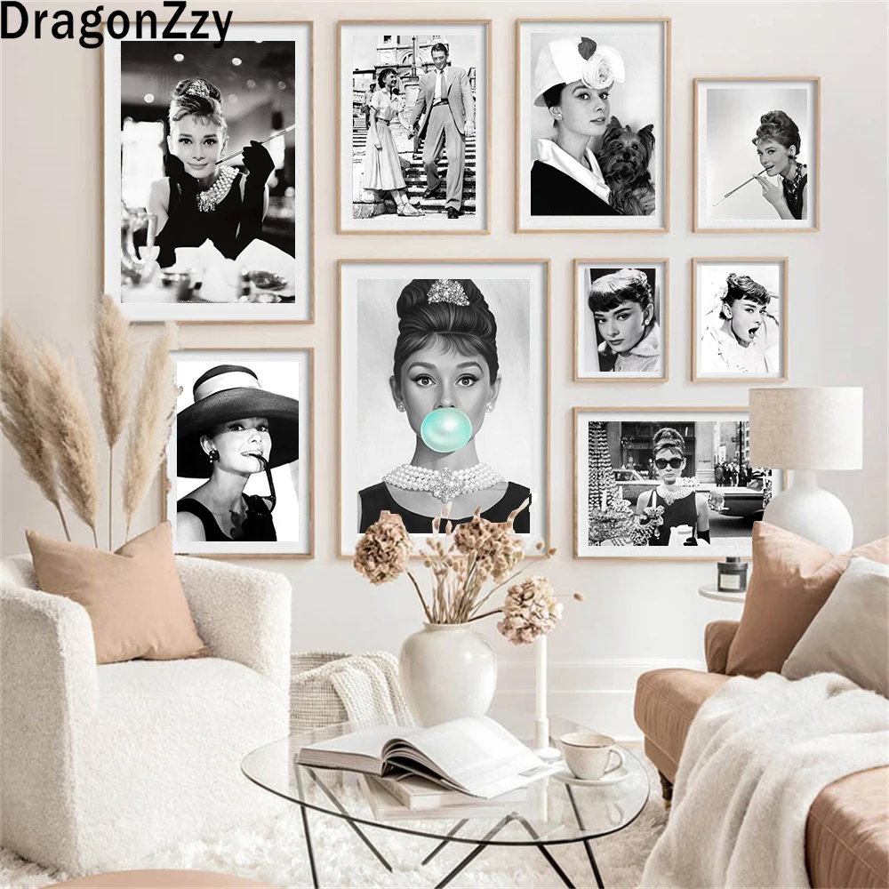 

Audrey Hepburn Posters Vintage Art Canvas Painting Print Hepburn Black Dress Picture for Living Room Bedroom Bar Home Decor