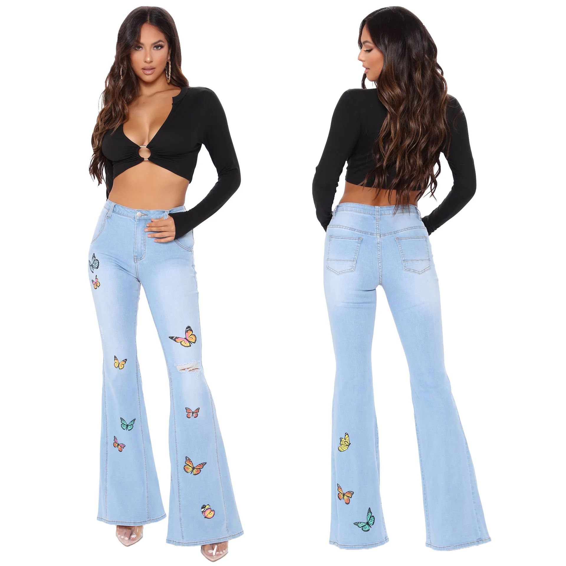 

Slim-fit butterfly wide-leg ripped high stretch flared pants