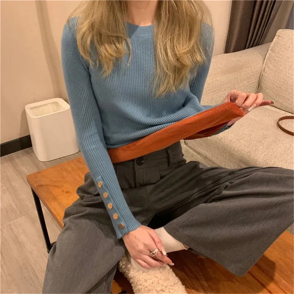 

Women'S Sweater Winter 2021 The New O-Neck Plus Velvet Keep Warm Slim Long Sleeve Sweater Inside Solid Pullover
