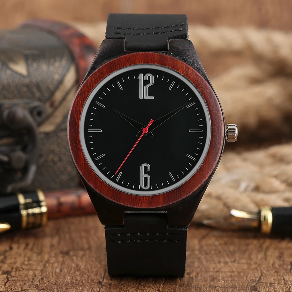 

Vintage Dark Tone Mens Wooden Watch Unisex Ebony Wood Unique Natural Handmade Leather Bangle Man's Women's Simple Quartz Watches