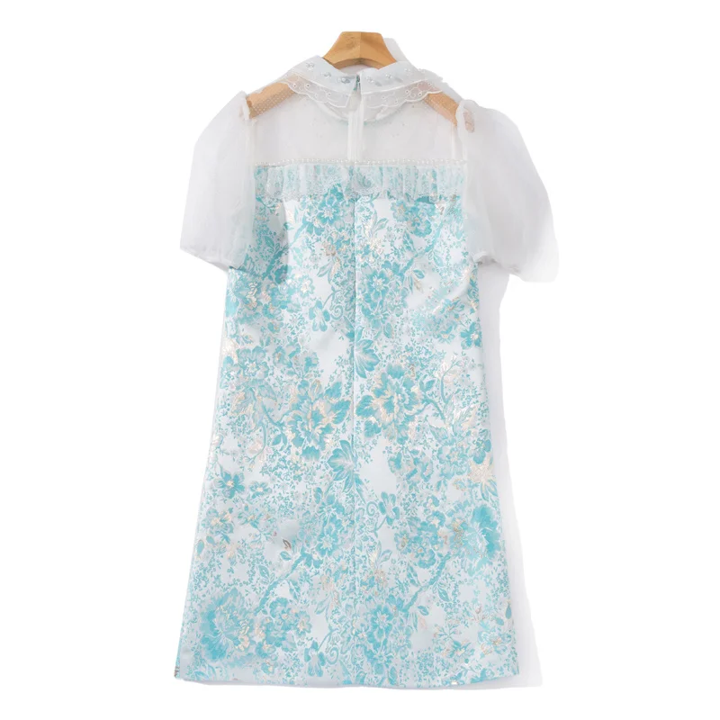 

DIDABOLE Exquisite Summer New Women'S Fashion Party Mesh Short Sleeve Patchwork Lapel Beading Jacquard Elegant Mini A-Line Dress