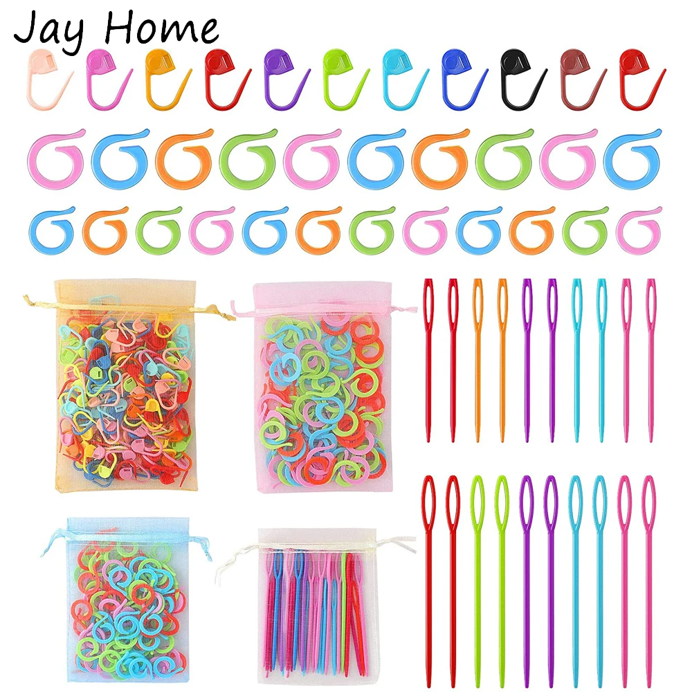

200PCS Lock Knitting Stitch Ring Stitch Marker Multicolor Plastic Counter Needle Clip &Large Eye Plastic Needle for Weaving