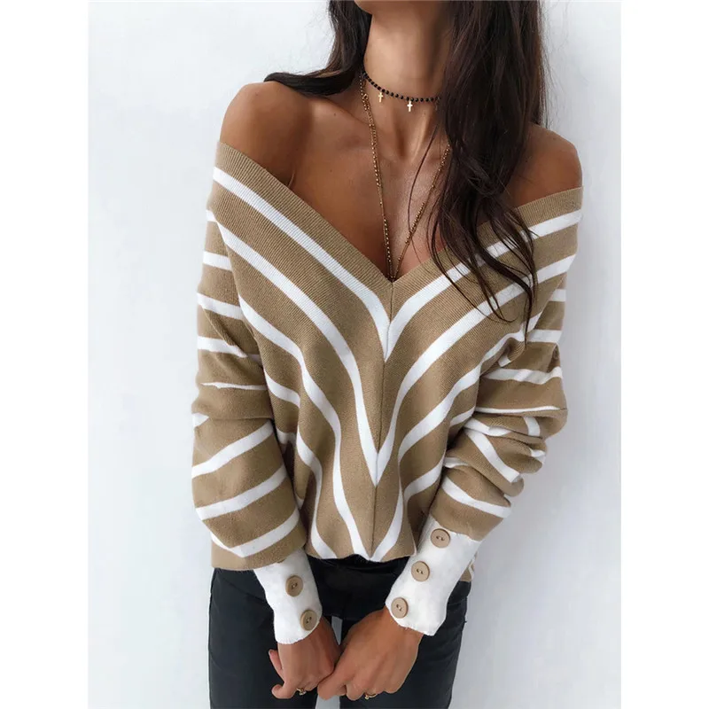 

Women Fashion Off Shoulder Knitted Sweater Sexy V Neck Long Sleeve Striped Loose Pullover Spring Auutmn Sweater 2020