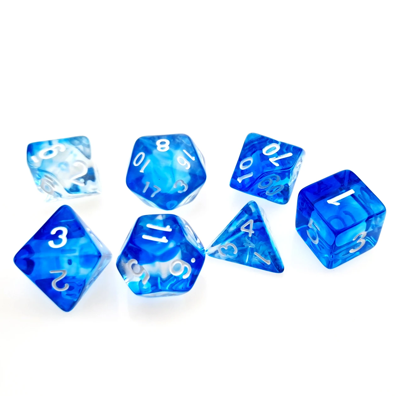 

7PC Nebula Polyhedral RPG Dice Set Translucent with Blue swirl D4 D6 D8 D10 D% D12 & D20 for DND D&D Roleplaying Games