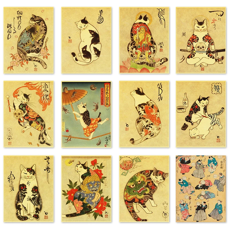 

Japanese Samurai Cat Tattoo Cat Retro Poster Wall Art Deco Living Room Bedroom Canvas Painting Wall Sticker