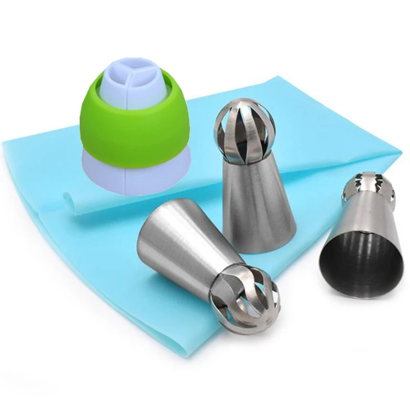 5Pcs Stainless Steel Sphere Ball Icing Piping Nozzles DIY Cake Decorating Tools Silicone Pastry Bag Coupler Adapter Set - купить по