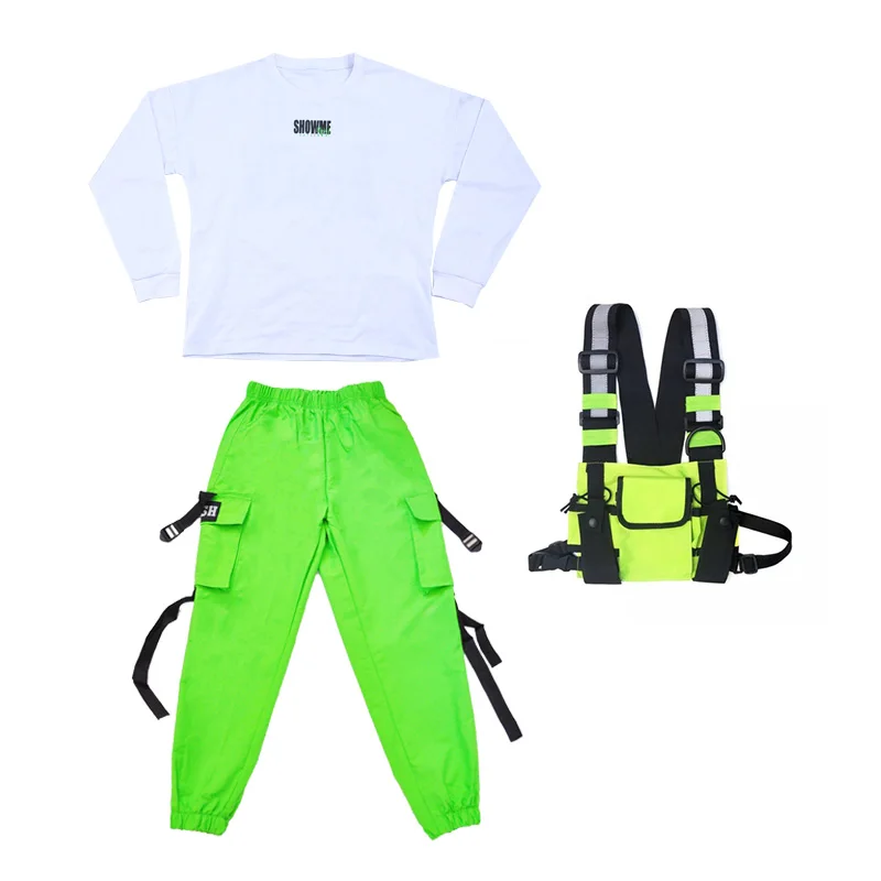 green 3pcs Детская одежда в стиле хип-хоп, танцевальный костюм для уличных танцев, набор для мальчиков Tide сценический костюм хип-хоп джаз танец костюмы для выступления DQS2973 - Цвет: green 3pcs