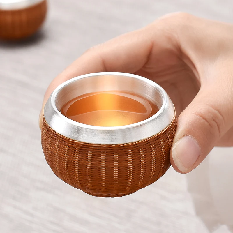 

Bamboo Weaving 999 Sterling Silver Tea Cup Home Hospitality Tea Ceremony Master Chinese GungFu Teacup Gifts Teaware
