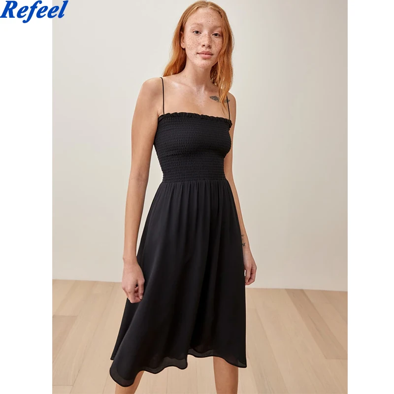 

Платье женское шифоновое средней длины, пикантное эластичное черное платье с подкладкой-трубой, на бретелях-спагетти, на весну-лето