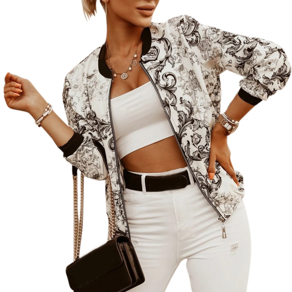 

VICABO Autumn Printed Women Jacket Round Neck Zipper Fly Streetwear Clothes Long Sleeve Floral Lady Slim Short Coats Jackets